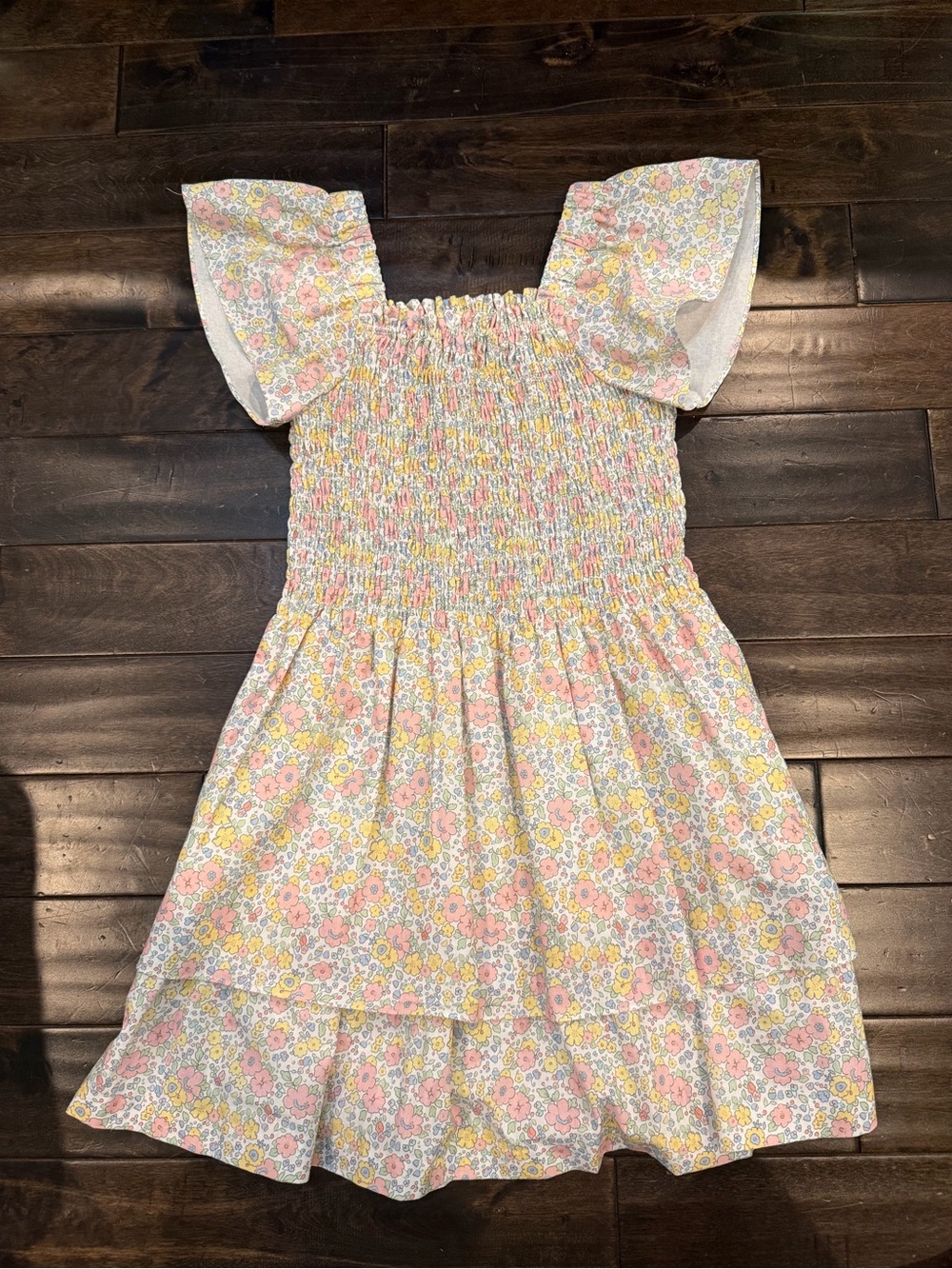 Smocked Flutter-Sleeve Kids Dress in Pink & Yellow Floral